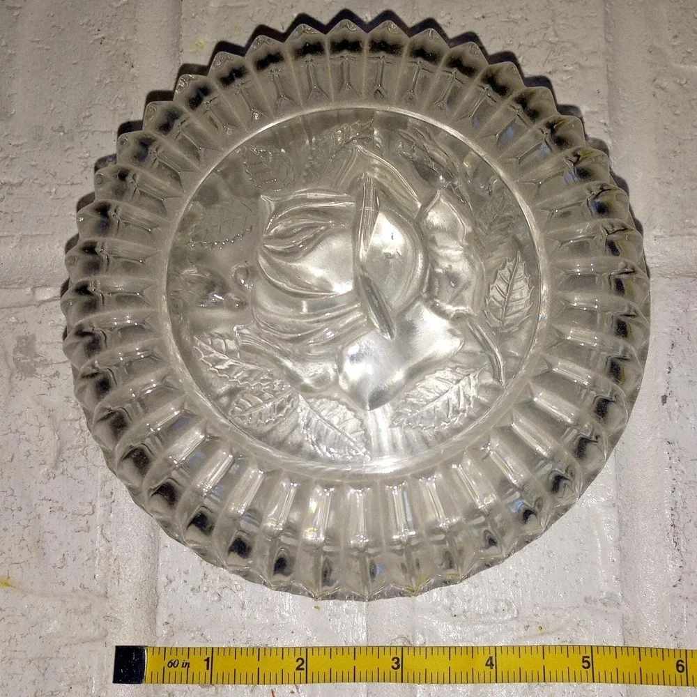 Clear Glass Rose Embossed Powder‎ Dish Vintage Decorative Lid Base
